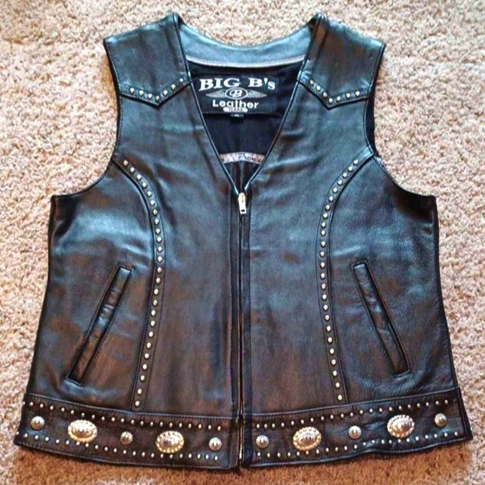 Black Leather Studded Motorcycle Vest Silver Conchos Big B's Texas Women's XL